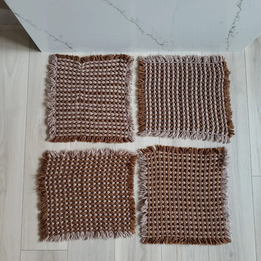 Vintage Woven Placemats Set of 4 Brown 15x16 Fringed Boho Mid Century Crochet